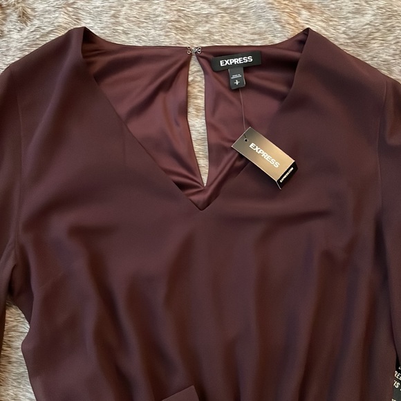 Express Plum V-Neck Elastic Tie Waist Long Sleeve Mini Dress Small NWT - Picture 2 of 10